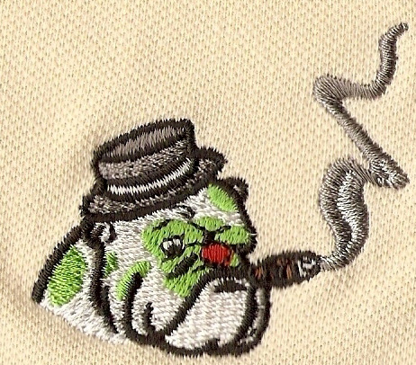 Clean Seemless sewing with a cigar smoking bull dog (animal) sewn on ZSK using Pulse POF